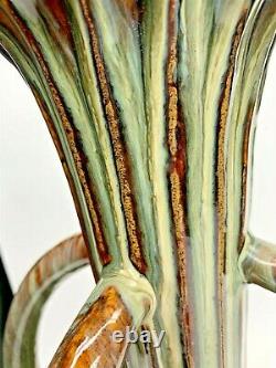 Large 4 Handled 22 Tall Art Deco Style Nouveau Vase Green Brown Drip Glaze