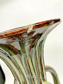 Large 4 Handled 22 Tall Art Deco Style Nouveau Vase Green Brown Drip Glaze