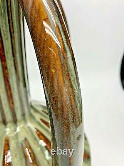 Large 4 Handled 22 Tall Art Deco Style Nouveau Vase Green Brown Drip Glaze