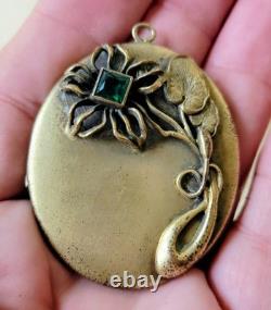 Large Antique Art Nouveau Gold Gilt Silver Locket Pendant Flower w Green Gem