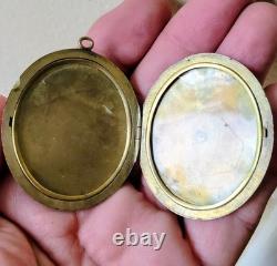 Large Antique Art Nouveau Gold Gilt Silver Locket Pendant Flower w Green Gem