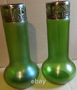 Large Antique Pair Carl Stolzle Loetz Art Nouveau Green Iridescent Glass Vases