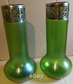 Large Antique Pair Carl Stolzle Loetz Art Nouveau Green Iridescent Glass Vases