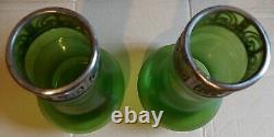 Large Antique Pair Carl Stolzle Loetz Art Nouveau Green Iridescent Glass Vases