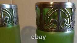 Large Antique Pair Carl Stolzle Loetz Art Nouveau Green Iridescent Glass Vases