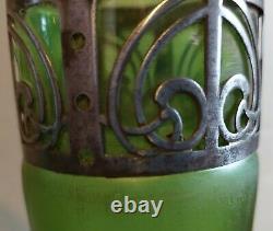 Large Antique Pair Carl Stolzle Loetz Art Nouveau Green Iridescent Glass Vases