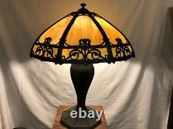 Large Art Nouveau 16 Panel Bent Slag Glass Lamp 26 X 20