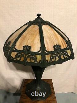 Large Art Nouveau 16 Panel Bent Slag Glass Lamp 26 X 20