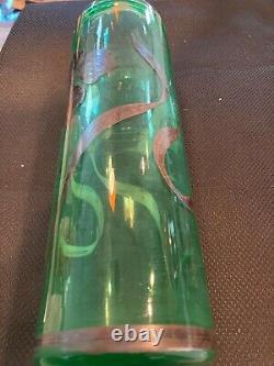 Large Art Nouveau Emerald Green Glass Vase Silver Floral Overlay 12, MB265