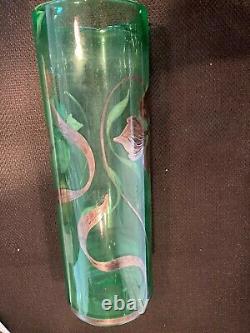 Large Art Nouveau Emerald Green Glass Vase Silver Floral Overlay 12, MB265