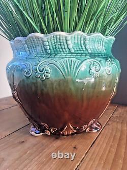 Large Art Nouveau Holborn 2 Majolica Pottery Jardiniere Footed Planter Plant Pot