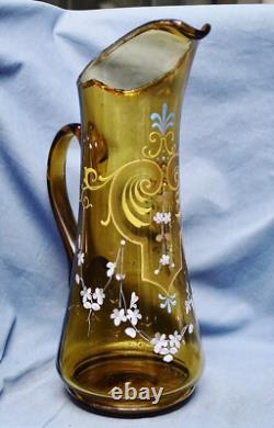 Large Art Nouveau Water Jug Juice Jug, Green Gold, Enamel Painting, 1900, 34 cm