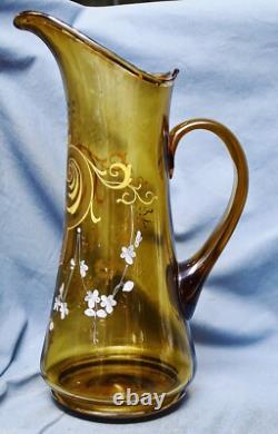 Large Art Nouveau Water Jug Juice Jug, Green Gold, Enamel Painting, 1900, 34 cm