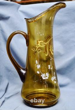 Large Art Nouveau Water Jug Juice Jug, Green Gold, Enamel Painting, 1900, 34 cm