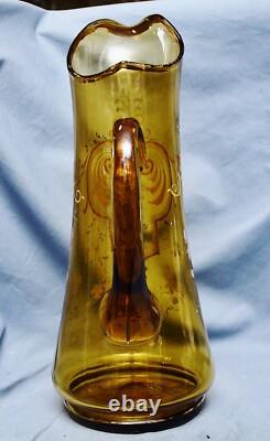 Large Art Nouveau Water Jug Juice Jug, Green Gold, Enamel Painting, 1900, 34 cm