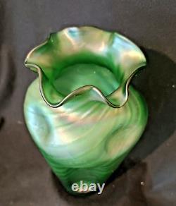 Large Emerald Green Loetz Crete Glass Vase Irridecent