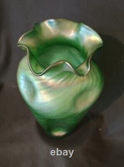 Large Emerald Green Loetz Crete Glass Vase Irridecent