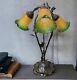 Large Pond Lily Art Nouveau Style Table Lamp With Amber & Green Shades 2ft H