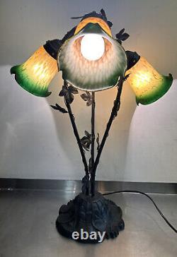 Large Pond Lily Art Nouveau Style Table Lamp With Amber & Green Shades 2ft H