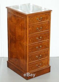 Large Three Drawer Burr Walnut Filing Cabinet Green Leather Top Matching Desk