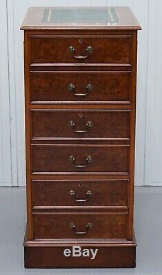 Large Three Drawer Burr Walnut Filing Cabinet Green Leather Top Matching Desk