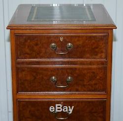 Large Three Drawer Burr Walnut Filing Cabinet Green Leather Top Matching Desk