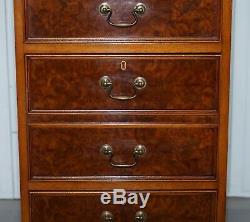 Large Three Drawer Burr Walnut Filing Cabinet Green Leather Top Matching Desk