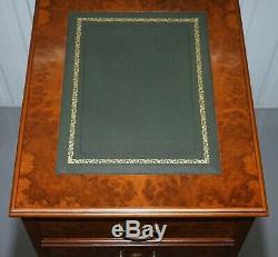 Large Three Drawer Burr Walnut Filing Cabinet Green Leather Top Matching Desk