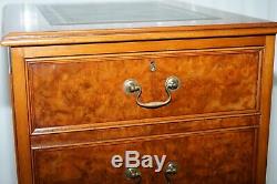 Large Three Drawer Burr Walnut Filing Cabinet Green Leather Top Matching Desk