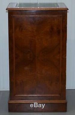 Large Three Drawer Burr Walnut Filing Cabinet Green Leather Top Matching Desk