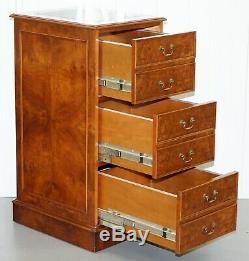 Large Three Drawer Burr Walnut Filing Cabinet Green Leather Top Matching Desk