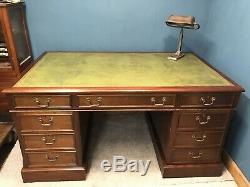 Large Vintage Mahogany Twin Pedestal Desk With Green Leather Top