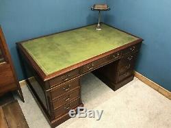 Large Vintage Mahogany Twin Pedestal Desk With Green Leather Top