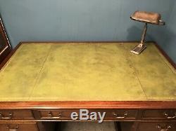 Large Vintage Mahogany Twin Pedestal Desk With Green Leather Top