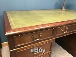 Large Vintage Mahogany Twin Pedestal Desk With Green Leather Top