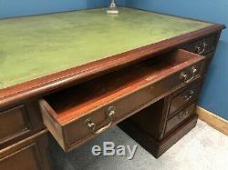 Large Vintage Mahogany Twin Pedestal Desk With Green Leather Top