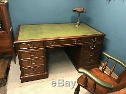 Large Vintage Mahogany Twin Pedestal Desk With Green Leather Top