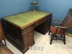 Large Vintage Mahogany Twin Pedestal Desk With Green Leather Top