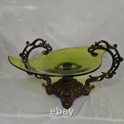 Large Vtg Art Nouveau Green Glass Pedestal Bowl withLoetz-Style Metal Base 20x12