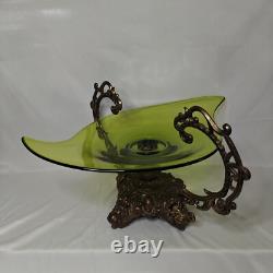 Large Vtg Art Nouveau Green Glass Pedestal Bowl withLoetz-Style Metal Base 20x12