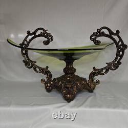 Large Vtg Art Nouveau Green Glass Pedestal Bowl withLoetz-Style Metal Base 20x12