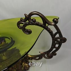 Large Vtg Art Nouveau Green Glass Pedestal Bowl withLoetz-Style Metal Base 20x12