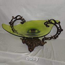 Large Vtg Art Nouveau Green Glass Pedestal Bowl withLoetz-Style Metal Base 20x12