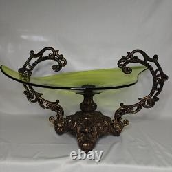 Large Vtg Art Nouveau Green Glass Pedestal Bowl withLoetz-Style Metal Base 20x12