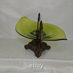 Large Vtg Art Nouveau Green Glass Pedestal Bowl withLoetz-Style Metal Base 20x12