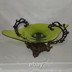 Large Vtg Art Nouveau Green Glass Pedestal Bowl withLoetz-Style Metal Base 20x12