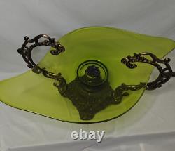 Large Vtg Art Nouveau Green Glass Pedestal Bowl withLoetz-Style Metal Base 20x12