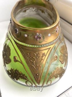 Large antique Art Nouveau Bohemian Moser fine hand gilded enamelled glass vase