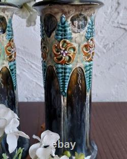 Late 19th century Art Nouveau vases pair Royal Doulton style Blues Green