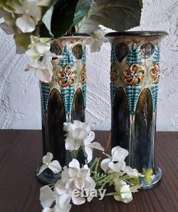 Late 19th century Art Nouveau vases pair Royal Doulton style Blues Green